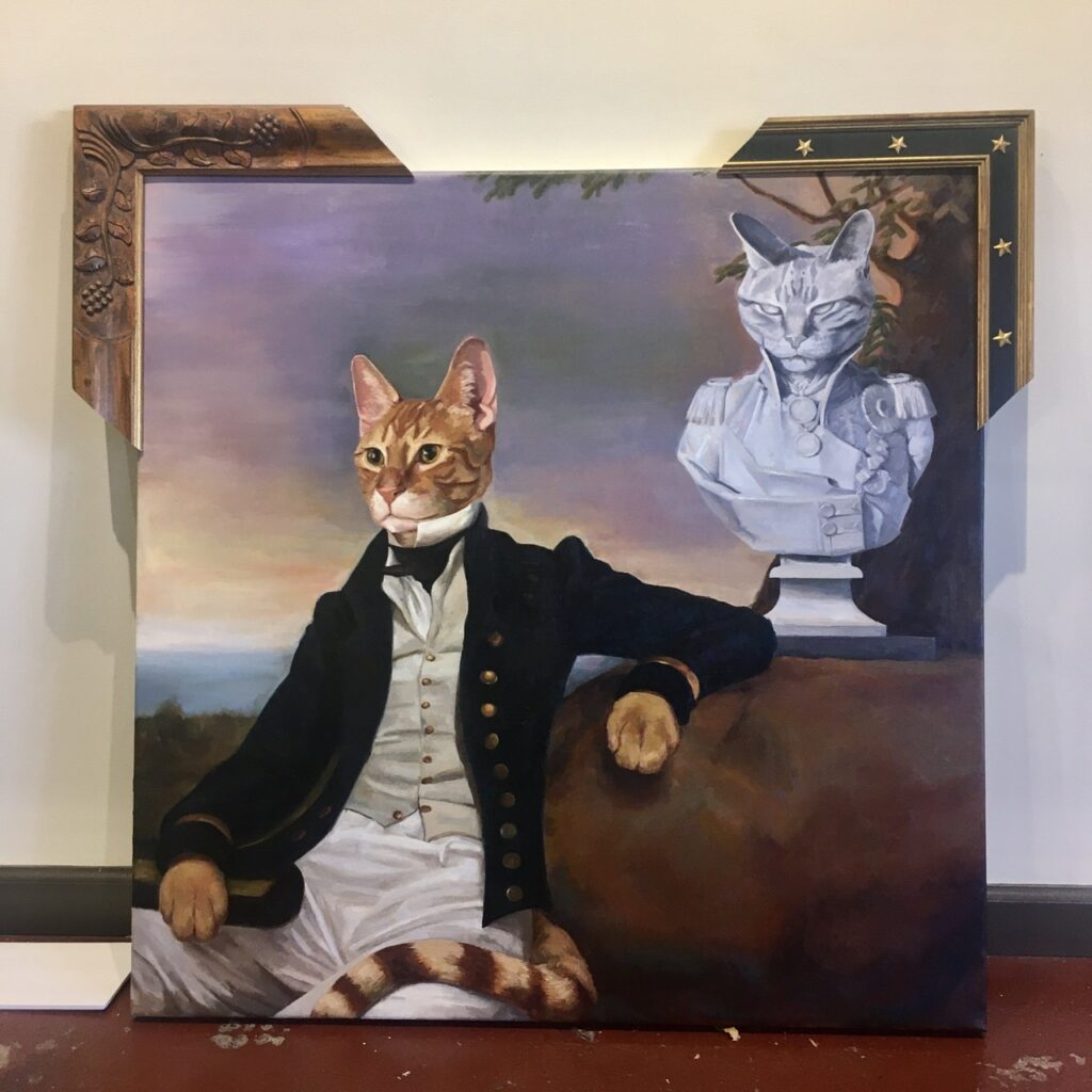 A painting in the style of a British Regency-period naval officer portrait, showing Charlie as a young cadet, based on an early portrait of Second Baronet Captain Sir Peter Parker (1785-1814). Beside him is a depicted a marble bust of Mr Bun, styled as Admiral Nelson.